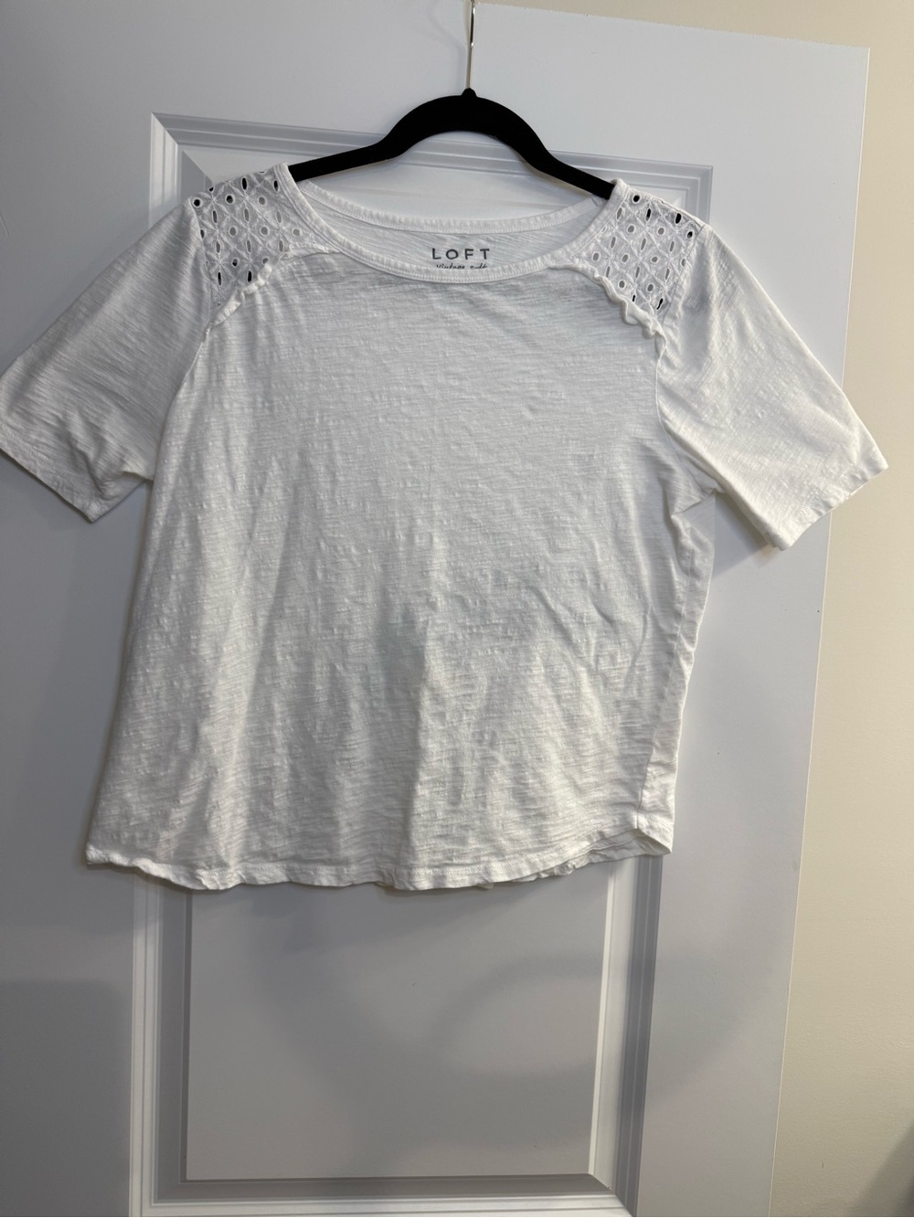 LOFT White Eyelet Shoulder Short Sleeve Tee